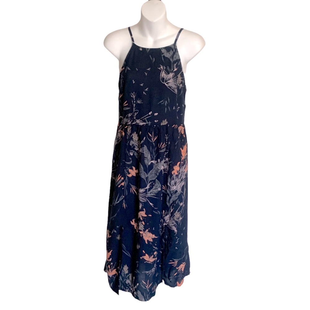 ROXY Lace up back summer sleeveless strappy dress. Navy blue floral. Size XS